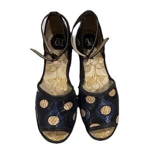 FLY London Yeji Sandals Blue Tan Geometric Wedge Peep Toe EU 38 US 7